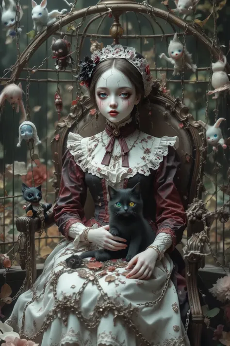 (Chained arms,antique doll,baroque doll),((small cracked face:1.5)),Porcelain skin,(sitting chair in big bird cage),((hanged many chain and many dolls)),young girl doll with 1 black kitty,melancholy,mesmerizing gaze,with no highlights in eyes,no pupils,wea...