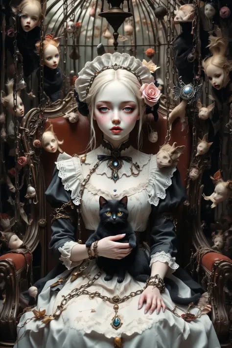 (Chained arms,antique doll,baroque doll),((small cracked face:1.5)),Porcelain skin,(sitting chair in big bird cage),((hanged many chain and many dolls)),young girl doll with 1 black kitty,melancholy,mesmerizing gaze,with no highlights in eyes,no pupils,wea...
