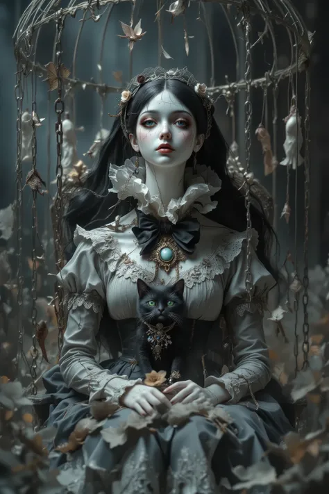 from front,(antique doll,baroque doll),((small cracked face:1.5)),Porcelain skin,(sitting chair in big bird cage,hanged many chain and string puppets),ung girl doll with 1 black kitty,melancholy,mesmerizing gaze,with no highlights in eyes,no pupils,wearing...