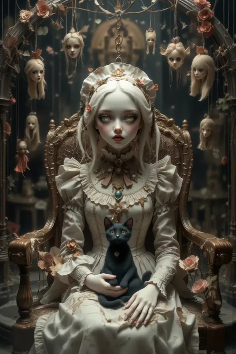 from front,(antique doll,baroque doll),small cracked Porcelain skin,(sitting chair in big bird cage,hanged many string puppets),1 mini doll with 1 black kitty,melancholy,mesmerizing gaze,with no highlights in eyes,no pupils,wearing dress and maid headdress...
