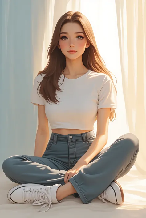 A woman, long straight silky hair,  innocent style. soft Manhwa. tall and lean. full body profile. crop top t-shirt. baggy cargo denim. wear sneakers
