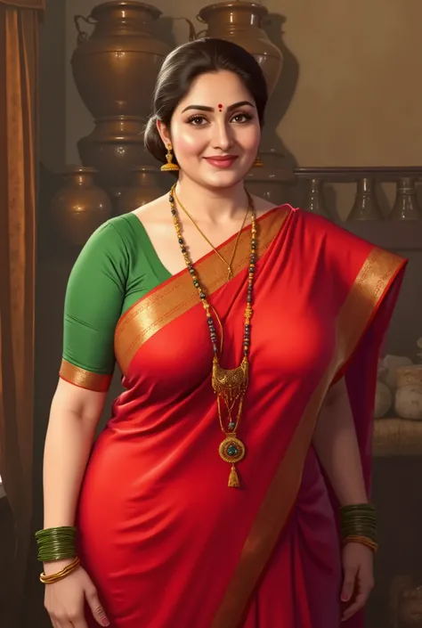 (Centered composition, cinematic lighting, detailed background) — A high-resolution, ultra-detailed painting in the style of renowned Indian artist Manimala. The scene shows a graceful, curvaceous Indian woman, looking at the viewer, indian hourglass figur...