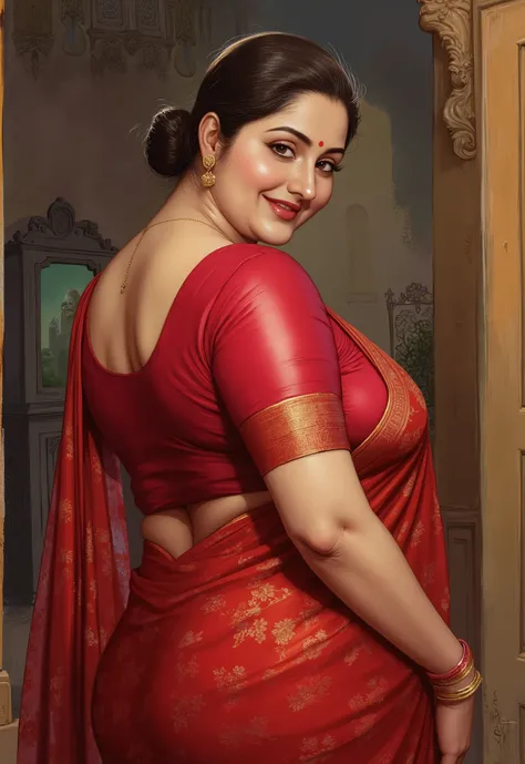 A high-resolution, ultra-detailed painting in the style of renowned Indian artist Manimala. The scene shows a graceful, curvaceous Indian woman around 45 years old. Her warm smile and flirtatious gaze are directed at the viewer, creating an intimate and i...