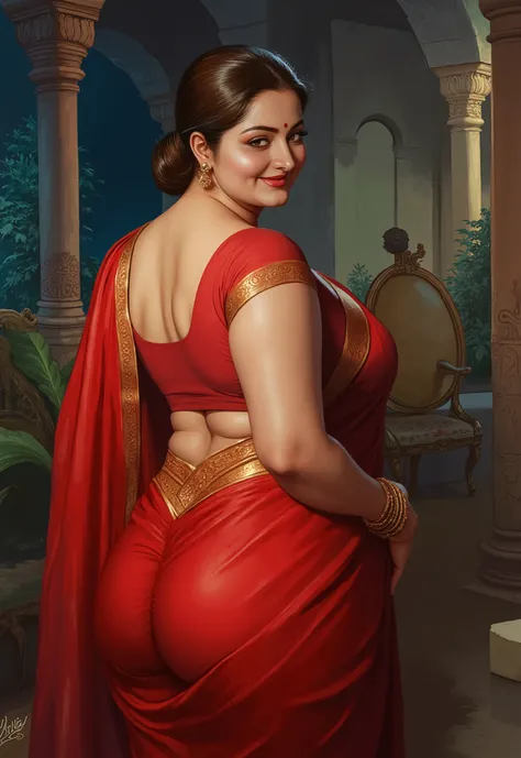 A high-resolution, ultra-detailed painting in the style of renowned Indian artist Manimala. The scene shows a graceful, curvaceous Indian woman around 45 years old. Her warm smile and flirtatious gaze are directed at the viewer, creating an intimate and i...