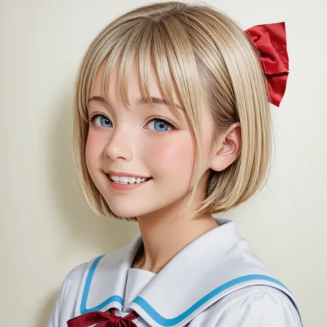 pretty girl middle school student　 Gold　 with a big red ribbon on the head　　realistic texture　 has blue eyes　kind expression　the mouth is closed　Smile