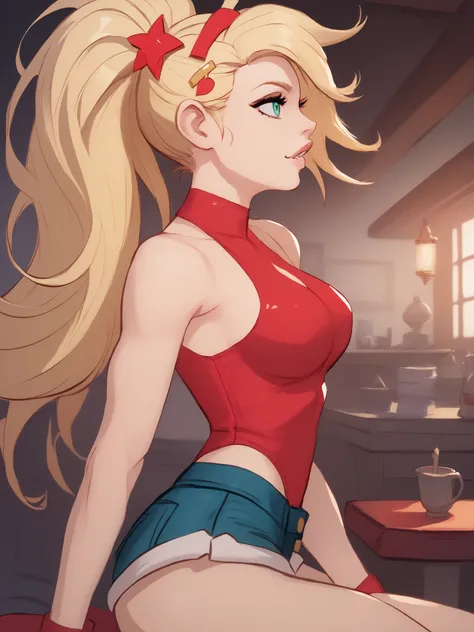 young girl, long blonde hair, Hairpin with a bundle,  turquoise eyes, red tight uniform, Sleeveless, Wide neckline on the chest to the abdomen, Gold Elements, Red outfit, Shorts, Masterpiece, hiquality, 4k, HD, Good details, side view, side overview, Long ...