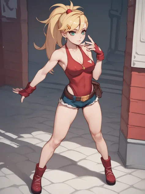 young girl, long blonde hair, Hairpin with a bundle,  turquoise eyes, red tight uniform, Sleeveless, Wide neckline on the chest to the abdomen, Gold Elements, Red outfit, Shorts, Masterpiece, hiquality, 4k, HD, Good details, full body view, fullbody overvi...