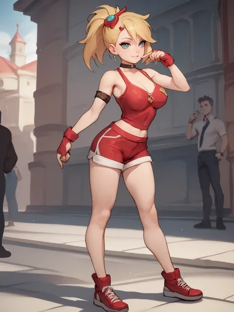 young girl, long blonde hair, Hairpin with a bundle,  turquoise eyes, red tight uniform, Sleeveless, Wide neckline on the chest to the abdomen, Gold Elements, Red outfit, Shorts, Masterpiece, hiquality, 4k, HD, Good details, full body view, fullbody overvi...