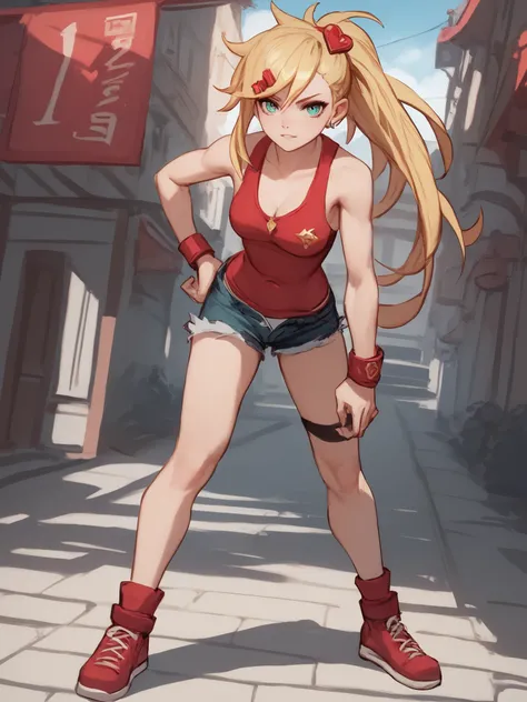 young girl, long blonde hair, Hairpin with a bundle,  turquoise eyes, red tight uniform, Sleeveless, Wide neckline on the chest to the abdomen, Gold Elements, Red outfit, Shorts, Masterpiece, hiquality, 4k, HD, Good details, full body view, fullbody overvi...