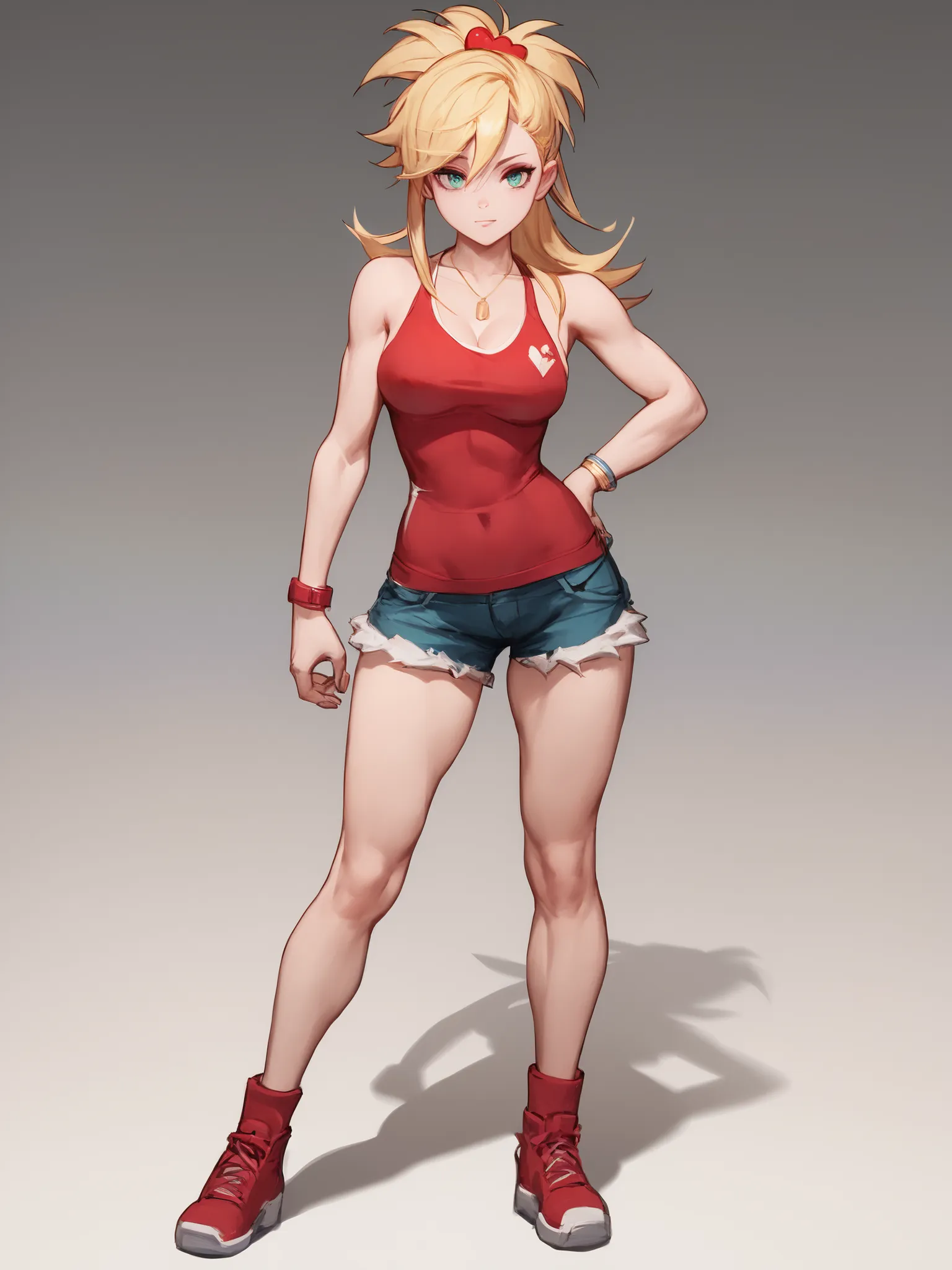 young girl, long blonde hair, Hairpin with a bundle,  turquoise eyes, red tight uniform, Sleeveless, Wide neckline on the chest to the abdomen, Gold Elements, Red outfit, Shorts, Masterpiece, hiquality, 4k, HD, Good details, full body view, fullbody overvi...
