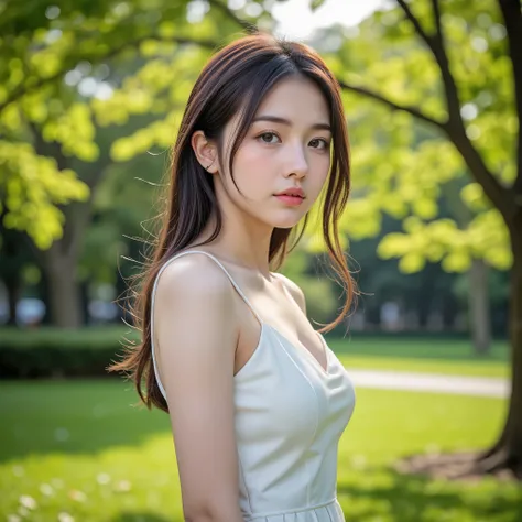 portrait of a girl in a modern dress, lush urban park in Tokyo, close-up, bright daylight, early summer, professional composition, sunlight filtering through trees, vibrant green foliage, natural background, realistic, soft focus, elegant and fashionable