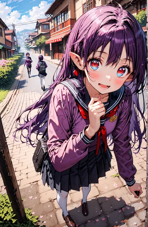 yuuki konno, headband, long hair, stupid hair,pointy ears, purple hair, Red Eyes,
smile,blush,opens his mouth,black sailor uniform, purple cardigan, long sleeve, Black Mini Pleated Skirt ,white pantyhose as if it were in the illustration,loafers,Student ba...