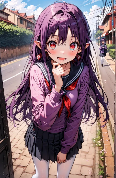 yuuki konno, headband, long hair, stupid hair,pointy ears, purple hair, Red Eyes,
smile,blush,opens his mouth,black sailor uniform, purple cardigan, long sleeve, Black Mini Pleated Skirt ,white pantyhose as if it were in the illustration,loafers,Student ba...