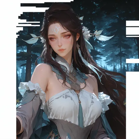 Front view of a woman,Extra large cup, are perfectly detailed,has exquisite facial features, Clothes are exquisite ,forest background, Game Character Design ,3D Rendering