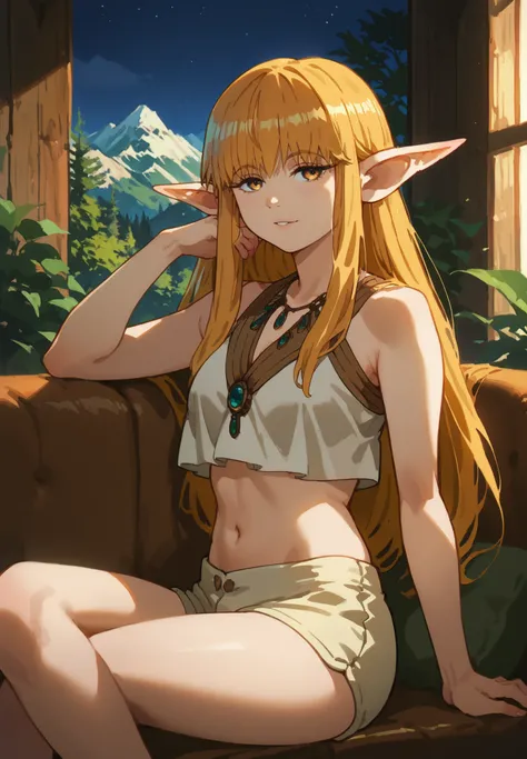 1girl, solo, Serie, Beyond Journey's End, elf, pointy ears, crop top, silk shorts, sitting on a couch, golden hair, golden eyes, sexy pose, alluring atmosphere, mountain cabin, night time, beautiful lighting and shadows,