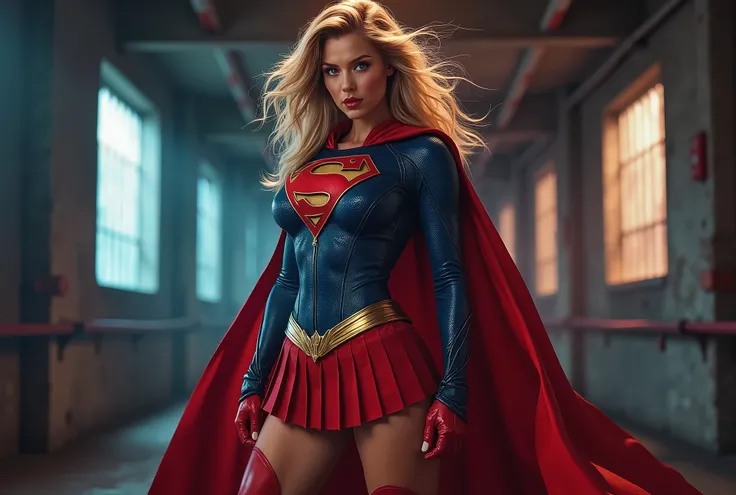 Ultra detailed face. Realistic skin texture, amazing shadows, extremely detailed texture, perfect lighting, High quality image. Sexy woman wearing a tight blue latex long-sleeved top with a red “S” emblem on the chest and gold trim around the edges of the ...