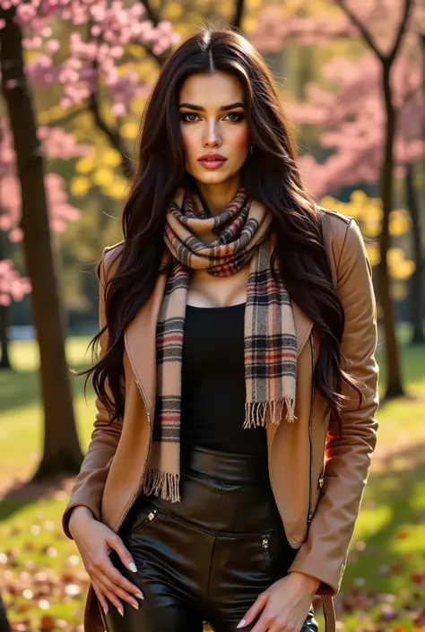 beautiful woman, dark eyes, her long hair is styled in a sleek updo, high quality, beautiful details, beautiful woman, posing in a park wearing a scarf and a jacket, plaid scarf, pink blossom trees, perfect body, perfect make-up, high resolution, seductive...