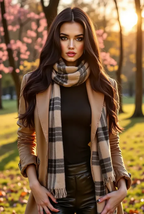 beautiful woman, dark eyes, her long hair is styled in a sleek updo, high quality, beautiful details, beautiful woman, posing in a park wearing a scarf and a jacket, plaid scarf, pink blossom trees, perfect body, perfect make-up, high resolution, seductive...