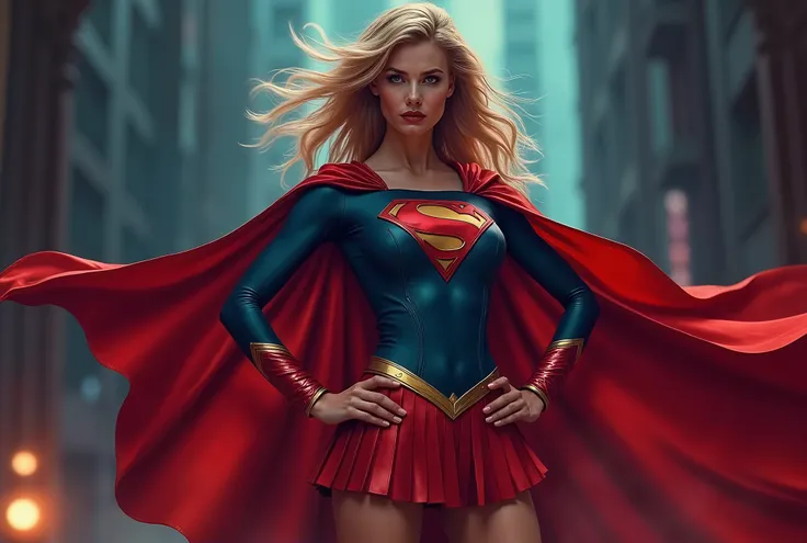 Ultra detailed face. Realistic skin texture, amazing shadows, extremely detailed texture, perfect lighting, High quality image. Sexy woman wearing a tight blue latex long-sleeved top with a red “S” emblem on the chest and gold trim around the edges of the ...
