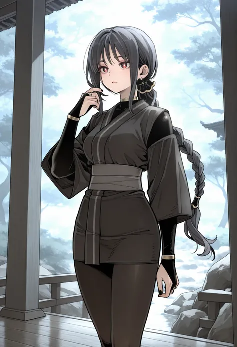 masterpiece, best quality:1.2), amazing quality, very aesthetic, 32k, soft lighting, absurdres, extremely beautiful, newest, scenery, extra details, (sharp detailed:1.2) 1girl,solo,1girl,solo,long hair, black hair, red eyes, bright pupils, earrings, braide...