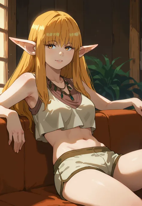 1girl, solo, Serie, Beyond Journey's End, elf, pointy ears, crop top, silk shorts, naturally sagging medium breasts, sitting on a couch, golden hair, golden eyes, sexy pose, alluring atmosphere, mountain cabin, night time, beautiful lighting and shadows,
