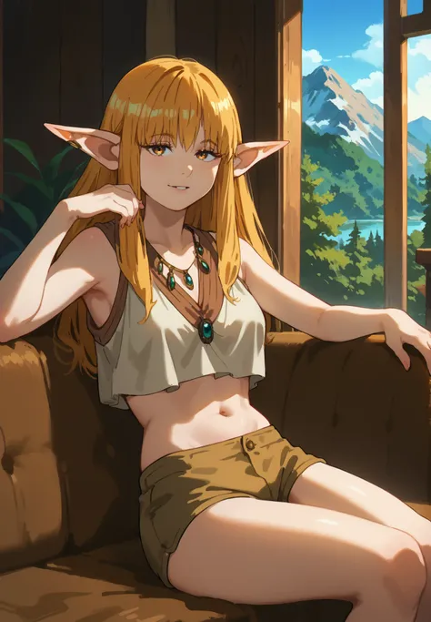 1girl, solo, Serie, Beyond Journey's End, elf, pointy ears, crop top, silk shorts, naturally sagging medium breasts, sitting on a couch, golden hair, golden eyes, sexy pose, alluring atmosphere, mountain cabin, night time, beautiful lighting and shadows,