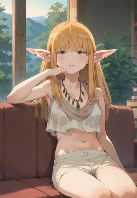 1girl, solo, Serie, Beyond Journey's End, elf, pointy ears, crop top, silk shorts, naturally sagging medium breasts, sitting on a couch, golden hair, golden eyes, sexy pose, alluring atmosphere, mountain cabin, night time, beautiful lighting and shadows,