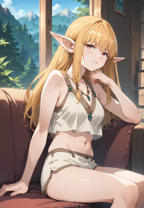 1girl, solo, Serie, Beyond Journey's End, elf, pointy ears, crop top, silk shorts, naturally sagging medium breasts, sitting on a couch, golden hair, golden eyes, sexy pose, alluring atmosphere, mountain cabin, night time, beautiful lighting and shadows,