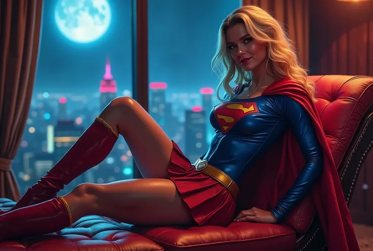 Ultra detailed face. Realistic skin texture, amazing shadows, extremely detailed texture, perfect lighting, High quality image. Sexy woman wearing a tight blue latex long-sleeved top with a red “S” emblem on the chest and gold trim around the edges of the ...