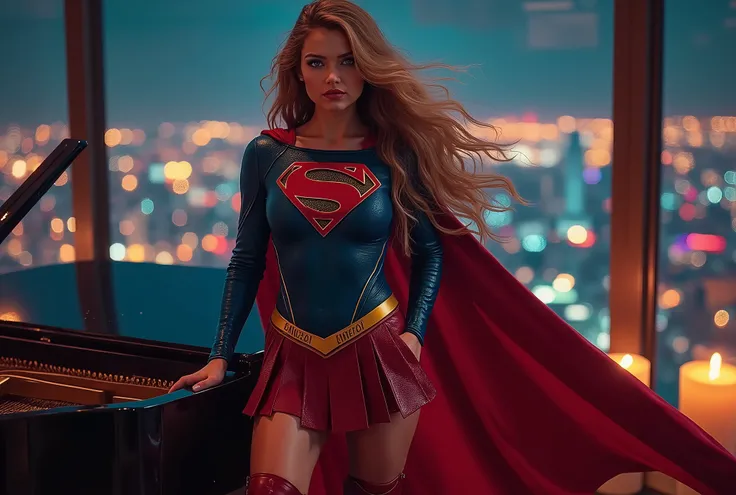 Ultra detailed face. Realistic skin texture, amazing shadows, extremely detailed texture, perfect lighting, High quality image. Sexy woman wearing a tight blue latex long-sleeved top with a red “S” emblem on the chest and gold trim around the edges of the ...