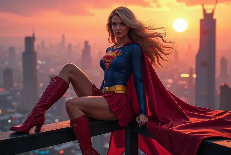Ultra detailed face. Realistic skin texture, amazing shadows, extremely detailed texture, perfect lighting, High quality image. Sexy woman wearing a tight blue latex long-sleeved top with a red “S” emblem on the chest and gold trim around the edges of the ...