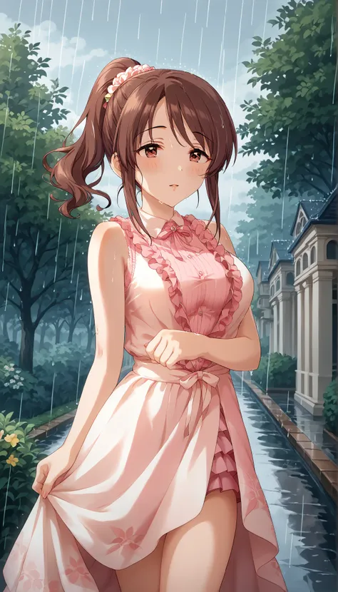 (((Mifune Miyu))),(((private clothes))),(((Pink sleeveless dress))),(((medium breasts))),brown hair,ponytail,Ulchan-6500-v1.1, ( RAW photos :1.2), beautiful detailed, very detailedな目 美しい目,beautiful eyes,Brown Eyes , Large File Size, high resolution, very d...
