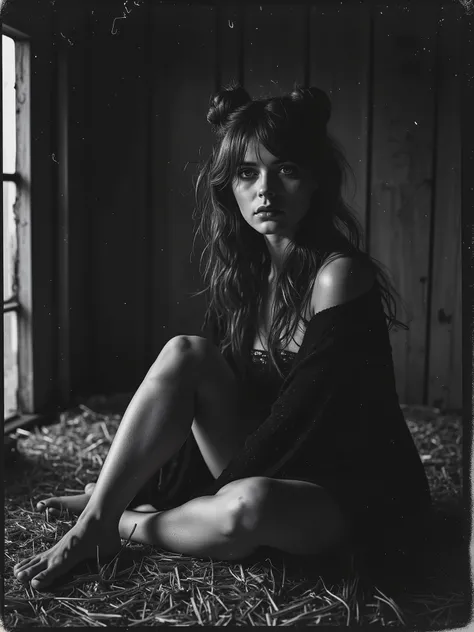 Epic beauty, presenting Sexy country gothic girl noir, (darkly surreal and gritty innocence++”), generate a steamy black and white reportage style documentary photograph of the beautiful French bohemian Russian country rebel girl, Bella Vonâge. This is her...