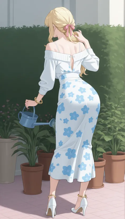 A mature, beautiful woman with blond hair, extremely fair white natural skin, pink nails, a small waist, and a perfect slim yet curvy body. She's only wearing a long sky-blue floral dress with spaghetti straps, a brown front-open sweater worn in an off-sho...