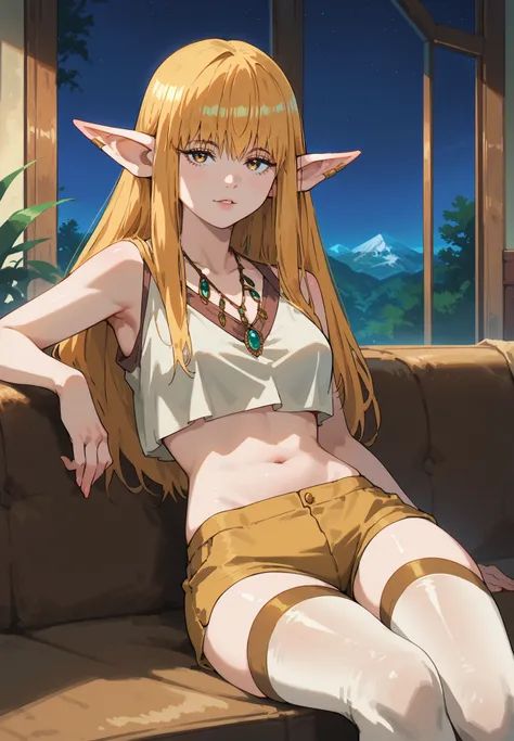 1girl, solo, Serie, Beyond Journey's End, elf, pointy ears with piercings, crop top, silk shorts, thigh highs, naturally sagging medium breasts, sitting on a couch, golden hair, golden eyes, sexy pose, alluring atmosphere, mountain cabin, night time, beaut...