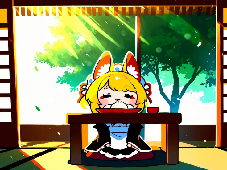 Kemomimi woman, Japanese Style Maid, sunlight filtering through the trees, dumpling, Teahouse