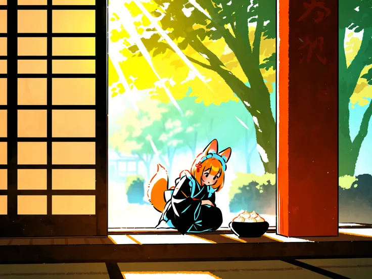 Kemomimi woman, Japanese Style Maid, sunlight filtering through the trees, dumpling, Teahouse