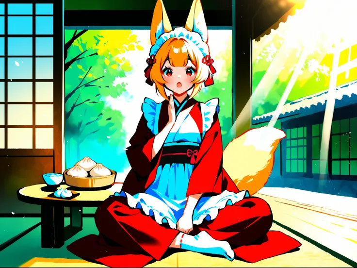 Kemomimi woman, Japanese Style Maid, sunlight filtering through the trees, dumpling, Teahouse