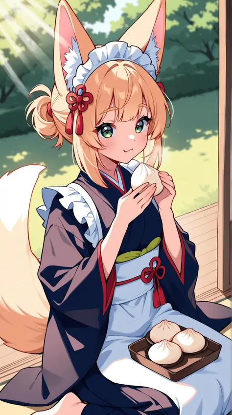 Kemomimi woman, Japanese Style Maid, sunlight filtering through the trees, dumpling, Teahouse
