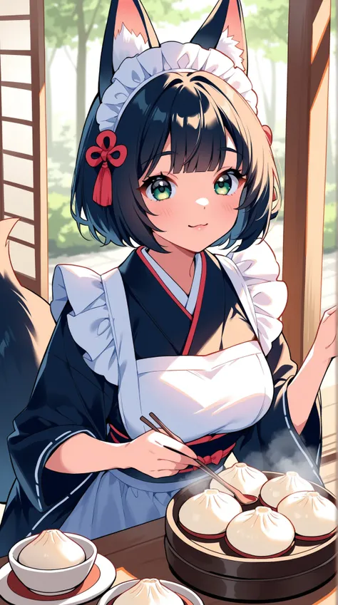 Kemomimi woman, Japanese Style Maid, sunlight filtering through the trees, dumpling, Teahouse