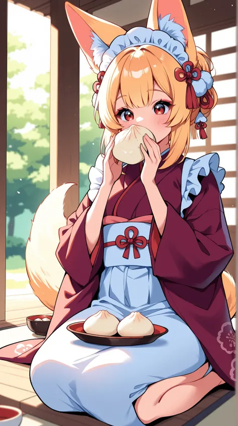 Kemomimi woman, Japanese Style Maid, sunlight filtering through the trees, dumpling, Teahouse