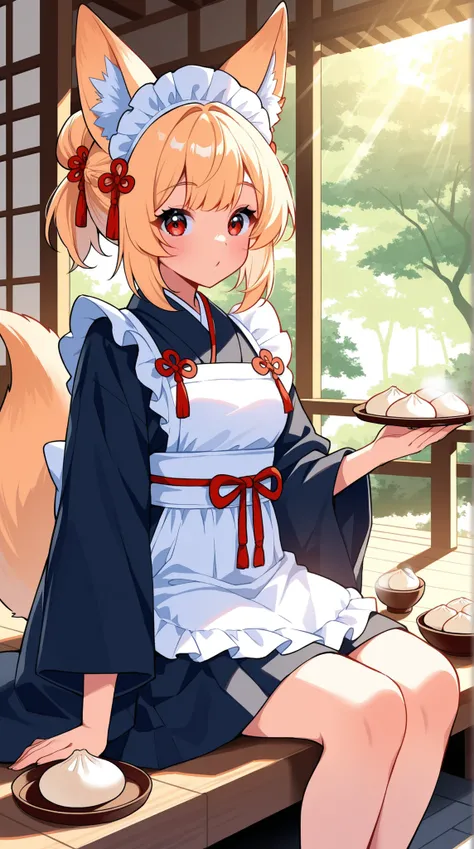 Kemomimi woman, Japanese Style Maid, sunlight filtering through the trees, dumpling, Teahouse
