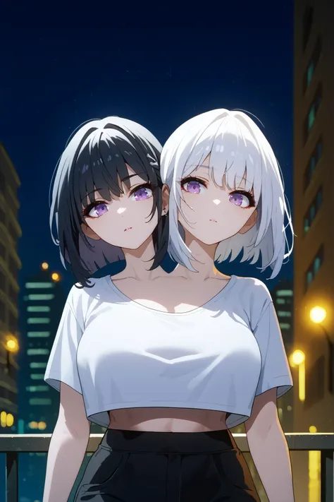 conjoined, 2girls, 2heads, two heads, a tall thin girl with 2 heads, black hair, white hair, purple eyes, white T-shirt, crop top, black pants, large breasts, front shots, city, night, upper body