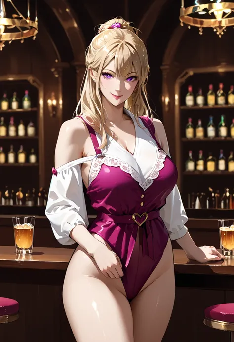  beautiful detailed photograph, blonde hair cascading over her shoulders, standing in Bar looking at the viewer, smile