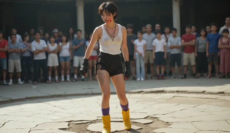 Ultra-realistic cinematic live-action shot of a beautiful and athletic 20yo martial artist girl standing unsteadily in the center of a damaged tournament ring. She has short black spiky hair, large blue eyes, and wears a white sleeveless shirt, black short...