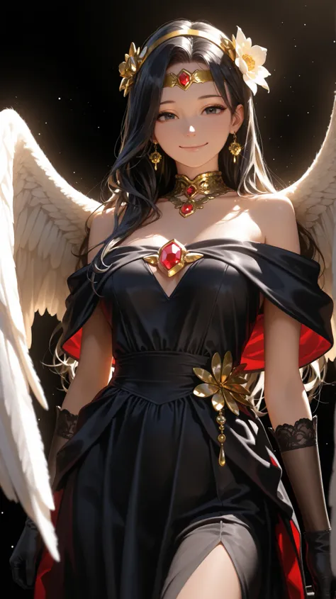 Zobria , angel wings, beautiful woman, (photorealistic), backlight, black background, black dress, black gloves, black hair, smile, cowboy shot, dress, earrings, Rich Hair, gloves, gold earrings, gold headband , Hair Flower, headdress, (( headband )), je...