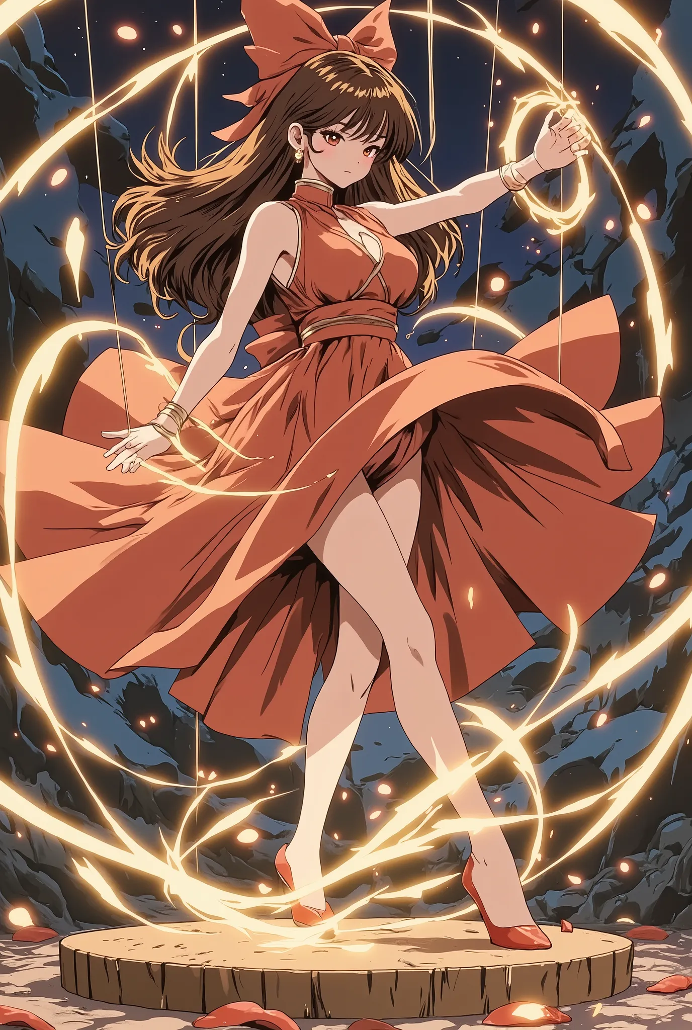 1girl,(( Female marionette)), dancing female warrior marionette,,A skirt that spins and flutters. A spinning woman. Action.hand,Dynamic composition.. Thread of light made of energy. Fingerless glove.
Dynamic comic art: A female performer, depicted as a ma...