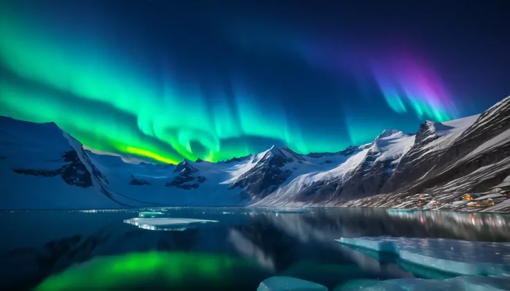 ,high accuracy,High Quality,amazing view,(Aurora swirling in the night sky:1.5),(Beautiful starry skies and galaxies:1.5),(Alps towering in the center:1.5),( bright green, Purple, And the bright blue Aurora Borealis ripples over the vast glacier.:1.5), BR...