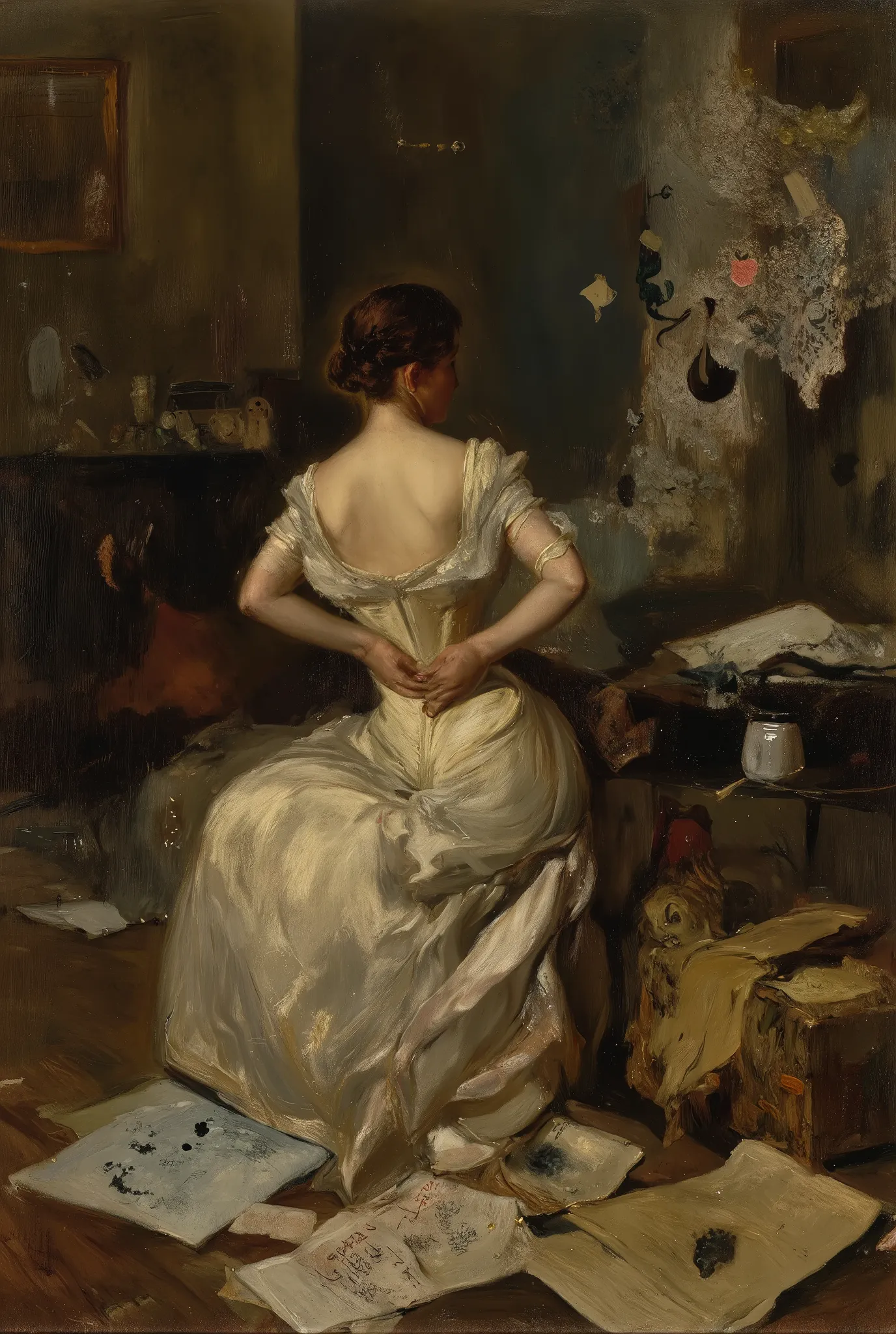 Victorian lady, slowly unbuttoning her corset, dimly lit vintage room, scattered lace and old letters, surreal floating ink drops, warm shadows, intimate and erotic atmosphere, oil painting, 19th-century style, symbolic composition