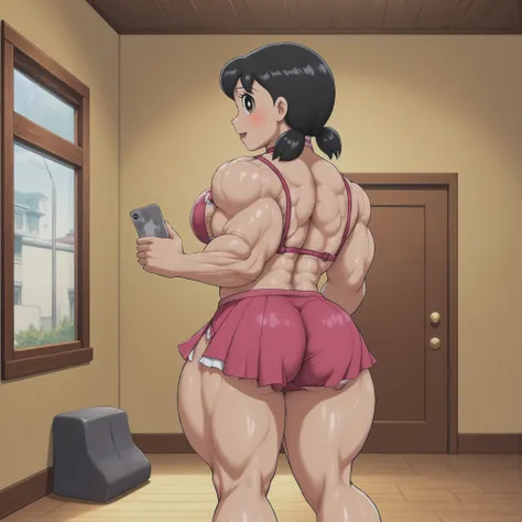 Butt Mirror Selfie, A beautiful young woman wearing a floweral pink bikini, from behind, pleated mini skirt, holding a phone, vibrant smile (muscular fbb woman, detailed face, beautiful detailed eyes, beautiful detailed lips, extremely detailed face, long ...